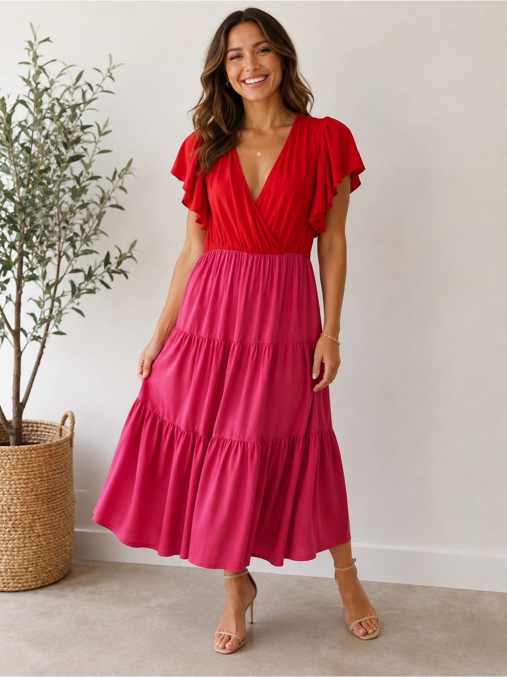 Petal & Pup Red & Pink Colorblock Tiered Midi Dress Size 10 Flutter Sleeve